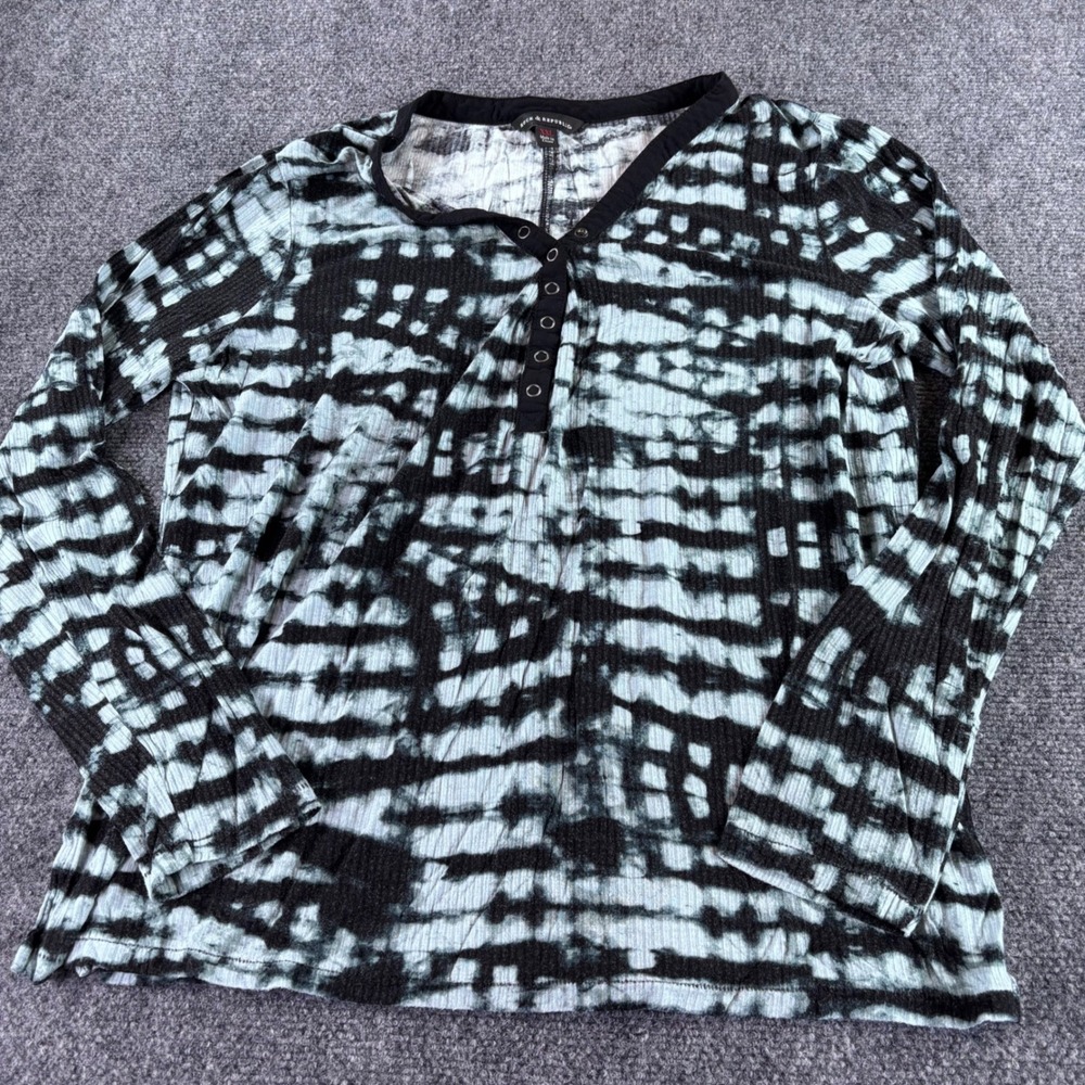 Rock & Republic Henley Top Womens XXL Blue Black Tie Dye Ribbed Knit Long Sleeve